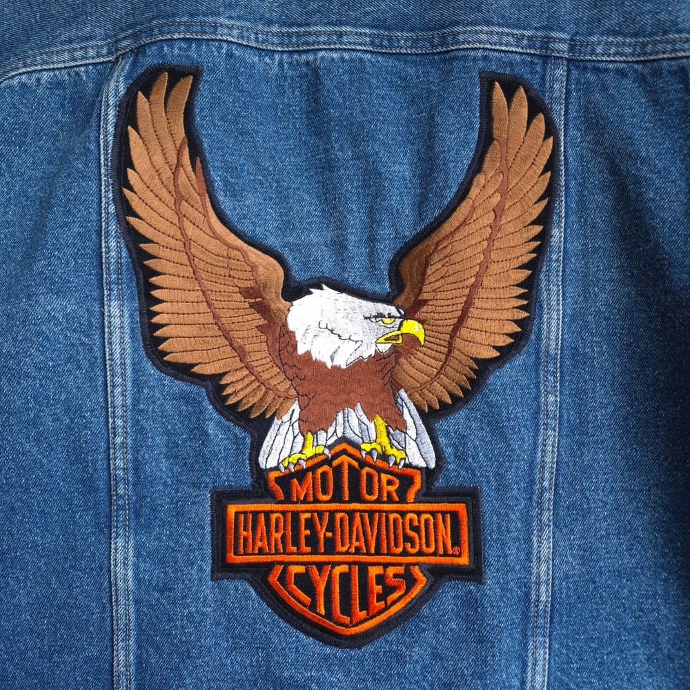 Calvin Klein Denim Jacket Blue L Harley Davidson Biker Trucker Vintage Patched - Picture 14 of 16